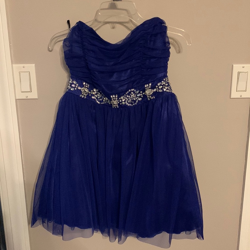 Juniors Semi Formal Blue dress with rhinestone belt